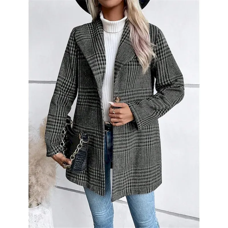 Women's Casual Jacket Outdoor Street Daily Wear Fall Winter Regular Coat Regular Fit Thermal Warm Breathable Stylish Casual Jacket Long Sleeve Stripes and Plaid with Pockets Print Red Camel Gray - Image 6