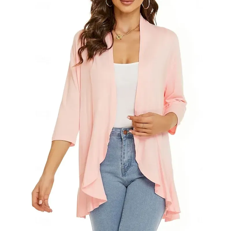 Women's Casual Jacket Breathable Comfortable Ruffle Casual Plain Vacation Street Casual Daily Wear Open Front Regular Collarless Regular Fit Long Sleeve Outerwear White Pink Navy Blue Summer Spring - Image 5