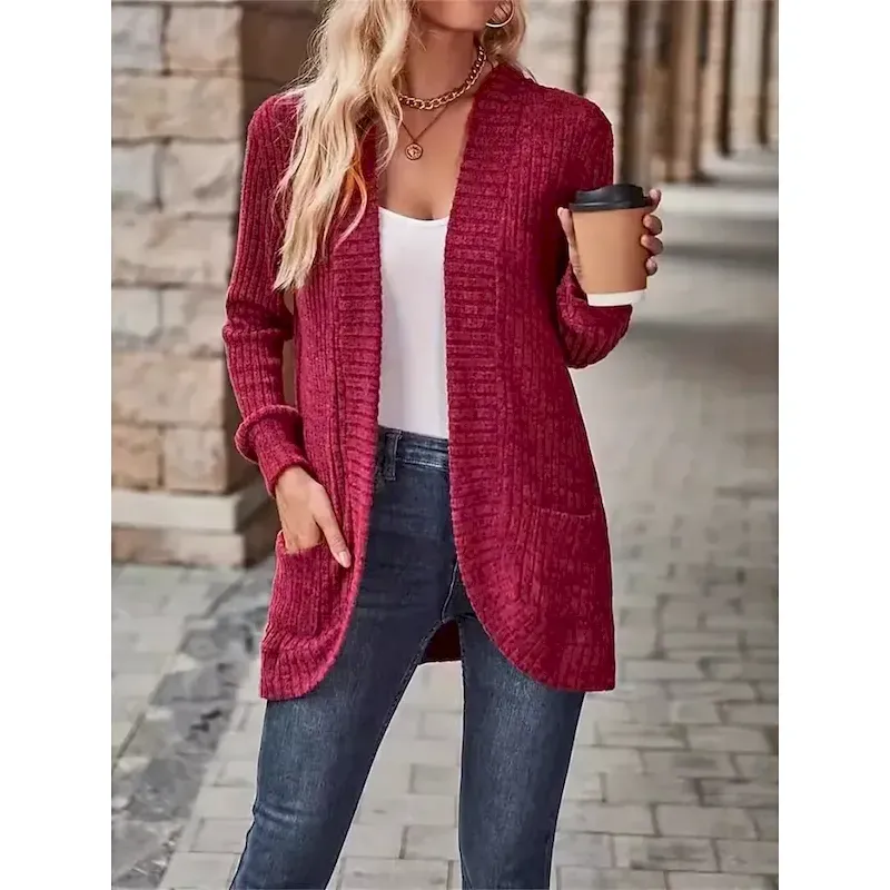 Women's Casual Jacket Comfortable Breathable Pocket Casual Plain Vacation Street Daily Wear Going out Open Front Regular Collarless Regular Fit Long Sleeve Outerwear Wine Sky Blue Purple Spring Fall - Image 6