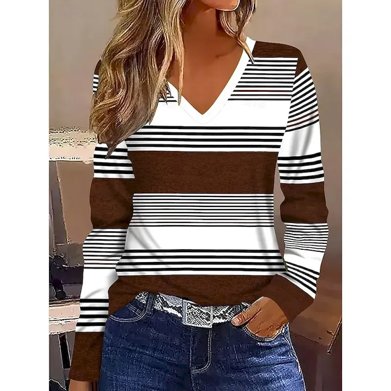 Women's T Shirt Graphic Geometric Striped Vintage Stylish Classic Long Sleeve V Neck Regular Tops Daily Print Maroon Blue Brown Spring Fall Winter - Image 5