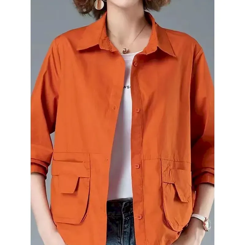 Women's Casual Jacket Comfortable Breathable Pocket Buttons Casual Plain Vacation Street Casual Daily Wear Single Breasted Short Turndown Regular Fit Long Sleeve Outerwear Black Orange Brown Summer - Image 5