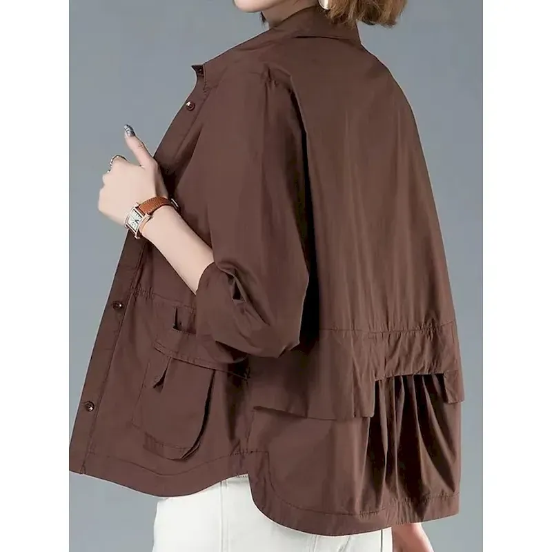 Women's Casual Jacket Comfortable Breathable Pocket Buttons Casual Plain Vacation Street Casual Daily Wear Single Breasted Short Turndown Regular Fit Long Sleeve Outerwear Black Orange Brown Summer - Image 3