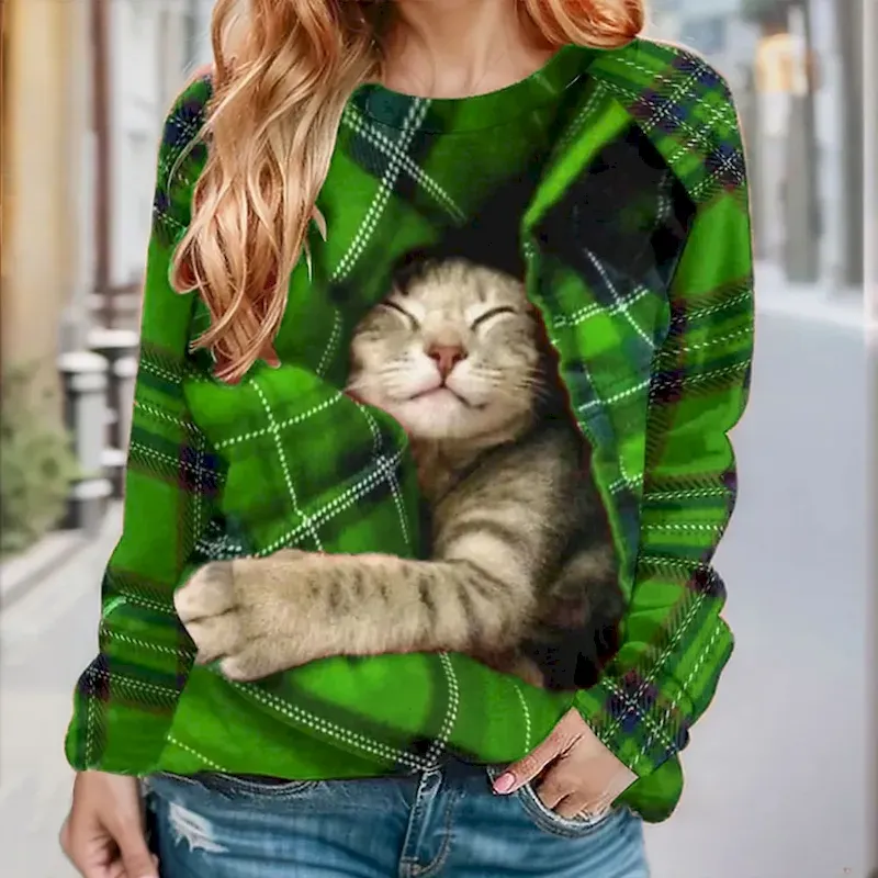 Women's Pullover Sweatshirt Plaid Cat Casual Sportswear Festival Round Neck Long Sleeve Top Micro-elastic Fall & Winter - Image 5