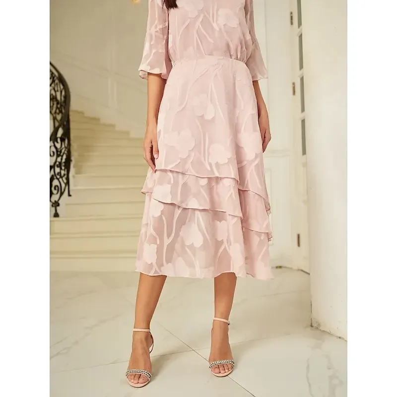 Women's Skirt Elegant Midi Mid Waist Skirts Floral Layered Inelastic Party Causal White Summer Chiffon - Image 5