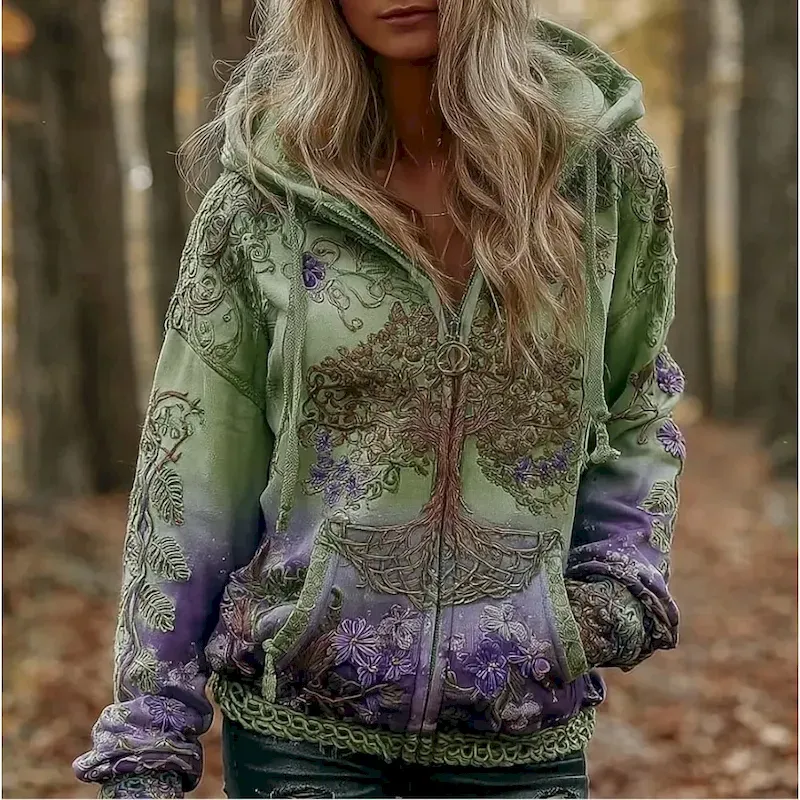 Women's 3D Print Vintage Boho Hoodie Patchwork Hoodie Sweatshirt Floral Zip Up s Vintage Fashion Casual Long Sleeve Hooded Street Dailywear Casual Patchwork Zipper Pocket Red Blue Spring Fall - Image 4