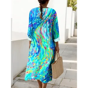 Women's Midi Dress V Neck Long Sleeve Kaftan Lightweight Loose Fit Shift Dress Casual Going out Loose Fit Graphic Geometric Abstract Long Sleeve V Neck Blue Purple Orange Green Fall