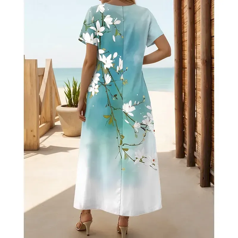 Women's Maxi Dress Casual Dress T Shirt Dress Tee Dress Sundress Hawaiian Date Regular Fit Floral Short Sleeve Crew Neck Black White Purple Orange Summer - Image 2