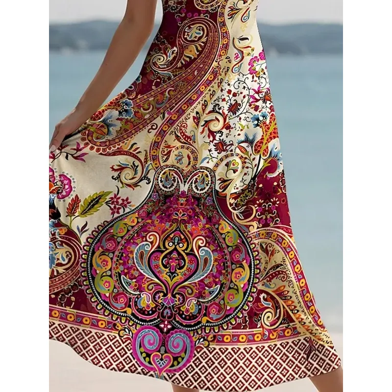 Women's Maxi Dress Casual Dress A Line Dress Vacation Vintage Ethnic Daily Regular Fit Graphic Vintage Bohemian Sleeveless V Neck Pink Blue Purple Green Summer Spring Fall - Image 3