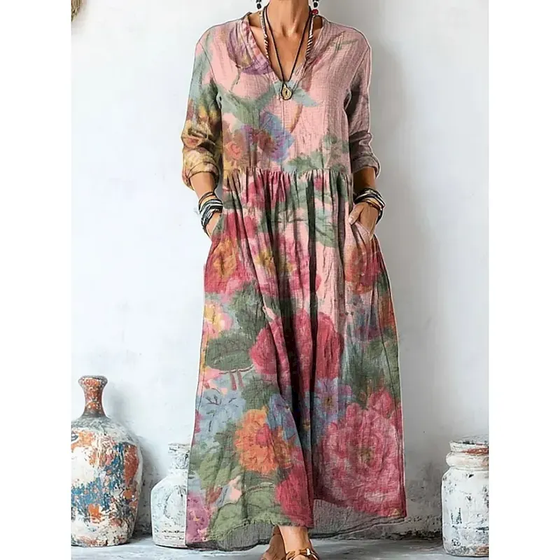 Women's Maxi Dress A Line Dress Vacation Casual Boho Going out Beach Loose Fit Floral Graphic Long Sleeve V Neck Light Yellow Light Pink Pink Purple Summer Spring Fall - Image 2