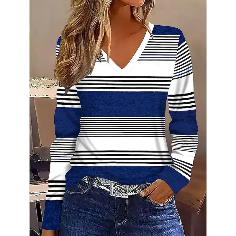 Women's T Shirt Graphic Geometric Striped Vintage Stylish Classic Long Sleeve V Neck Regular Tops Daily Print Maroon Blue Brown Spring Fall Winter - Image 4