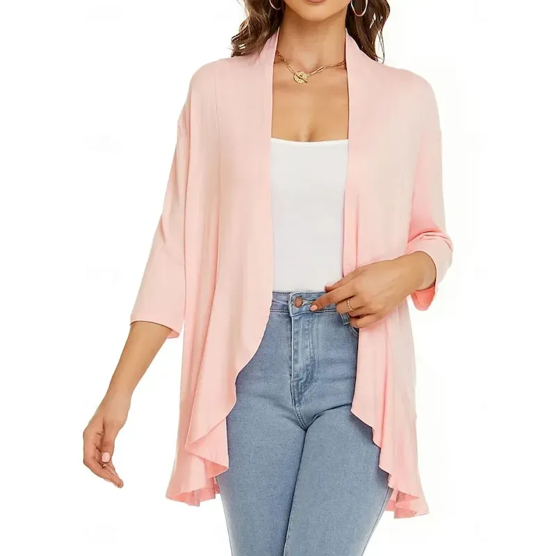 Women's Casual Jacket Breathable Comfortable Ruffle Casual Plain Vacation Street Casual Daily Wear Open Front Regular Collarless Regular Fit Long Sleeve Outerwear White Pink Navy Blue Summer Spring - Image 2