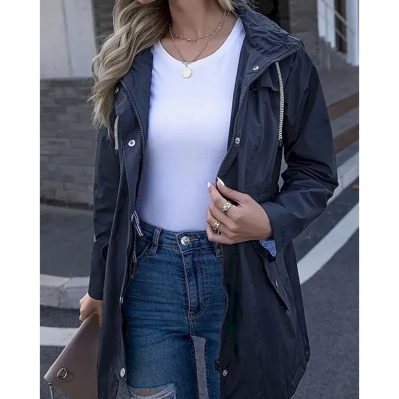 Women's Hoodie Jacket Waterproof Rain Jackets Rain Coats Warm Comfortable Zipper Pocket Outdoor Casual Plain Going out Casual Daily Zipper Regular Hooded Regular Fit Long Sleeve Outerwear Navy Black - Image 5
