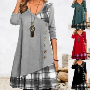 Women's Mini Dress A Line Dress Casual Daily Regular Fit Plaid Long Sleeve V Neck Black Red Green Gray Fall Winter