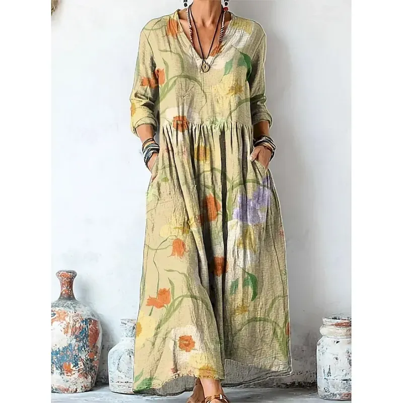Women's Maxi Dress A Line Dress Vacation Casual Boho Going out Beach Loose Fit Floral Graphic Long Sleeve V Neck Light Yellow Light Pink Pink Purple Summer Spring Fall - Image 3