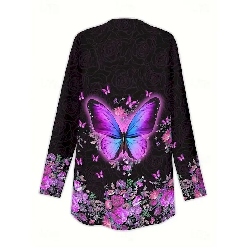 Women's Coat Warm Lightweight Print Fashion Butterfly Casual Regular Collarless Regular Fit Long Sleeve Outerwear Black White Beige Spring Fall - Image 2