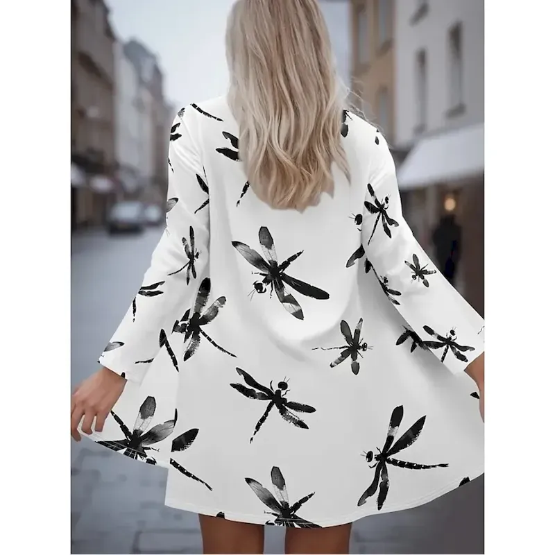 Women's Coat Warm Lightweight Print Fashion Butterfly Casual Regular Collarless Regular Fit Long Sleeve Outerwear Black White Beige Spring Fall - Image 3