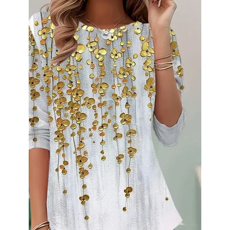 Women's T shirt Long Sleeve Crew Neck Long Sleeve Tunic Ombre Floral Elegant Vintage Regular Tops Daily Going out Weekend Print Gold Prefall - Image 2