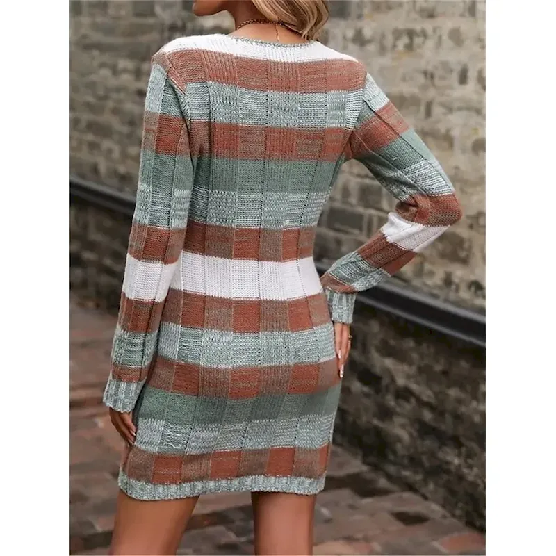 Women's Plaid V Neck Maxi Dress Long Sleeve Spring Fall - Image 2