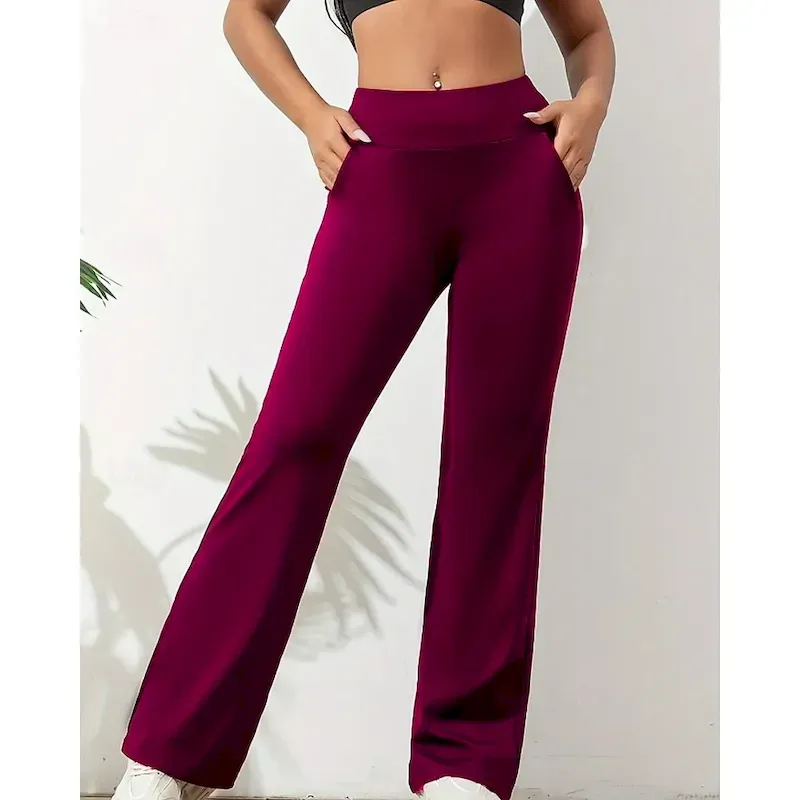 Women's Slacks Straight Streetwear Casual Full Length Natural Plain Pocket Elastic Waist Soft Street Holiday Weekend claret Depression Green Grey Black Fall Regular Fit - Image 5