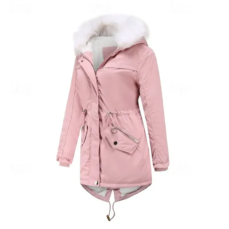 Women's Winter Coat Parka Warm Comfortable Zipper Pocket With Belt Casual Plain Vacation Street Casual Daily Wear Long Hooded Regular Fit Long Sleeve Outerwear Navy Black Pink Fall Winter - Image 3
