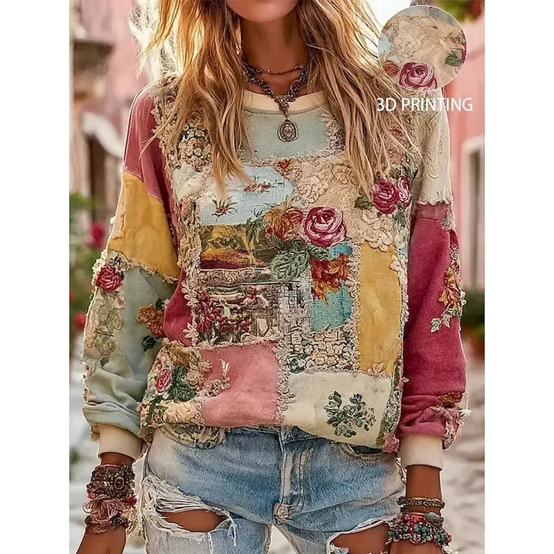 Women's 3D Print Vintage Boho Hoodie Patchwork Hoodie Sweatshirt Floral Pullover Sweatshirt Warm Active Vintage Street Dailywear Casual Light Pink Yellow Light Green Pink Red Spring Fall Winter - Image 2