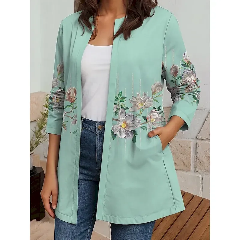 Women's Blazer Work Casual Fall Winter Regular Coat Regular Fit Breathable Elegant Artistic Style Boho Vintage Jacket Long Sleeve Floral Print Open Front Blue Purple Green - Image 6