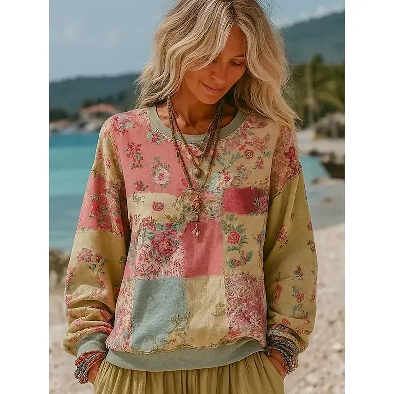 Women's 3D Print Vintage Boho Hoodie Patchwork Hoodie Sweatshirt Floral Pullover Sweatshirt Warm Active Vintage Street Dailywear Casual Light Pink Yellow Light Green Pink Red Spring Fall Winter - Image 6