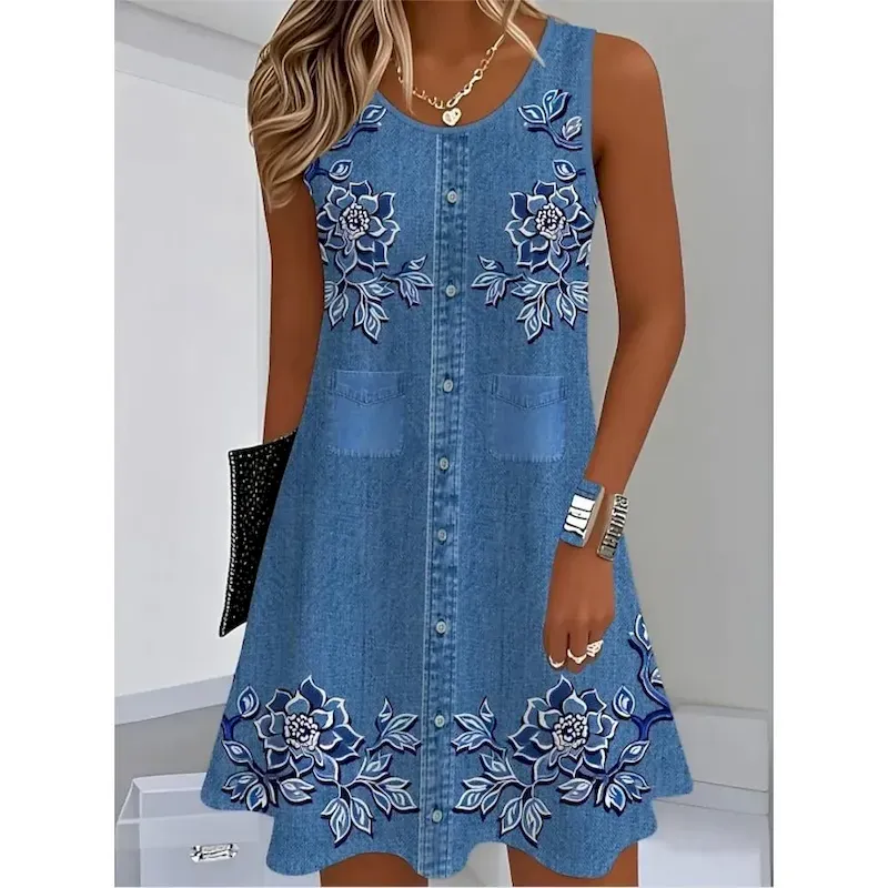 Women's Mini Dress Sundress A Line Dress Summer Dress Vacation Casual Daily Regular Fit Graphic Plain Sleeveless U Neck Blue Dark Blue Summer
