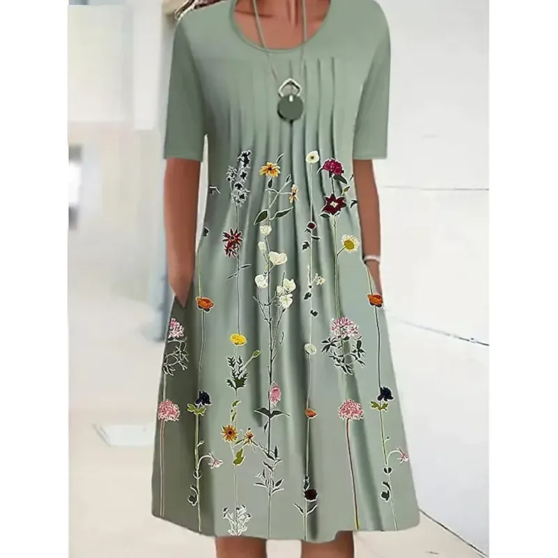 Women's Midi Dress Casual Dress Shift Dress Floral Ruched Print Crew Neck Basic Daily Short Sleeve Summer Spring - Image 2