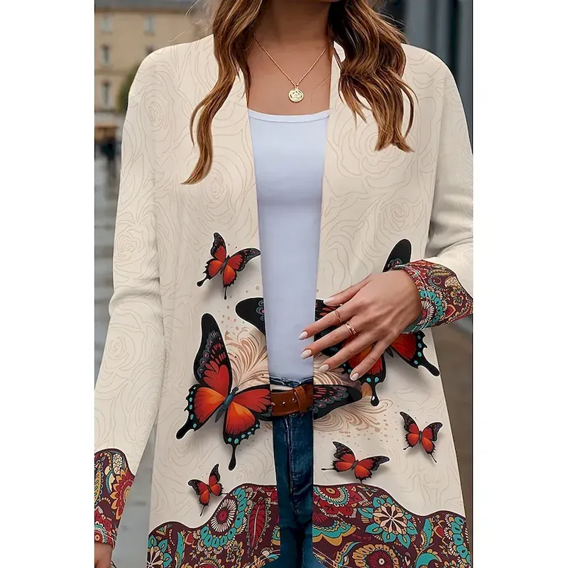 Women's Coat Warm Lightweight Print Fashion Butterfly Casual Regular Collarless Regular Fit Long Sleeve Outerwear Black White Beige Spring Fall - Image 5