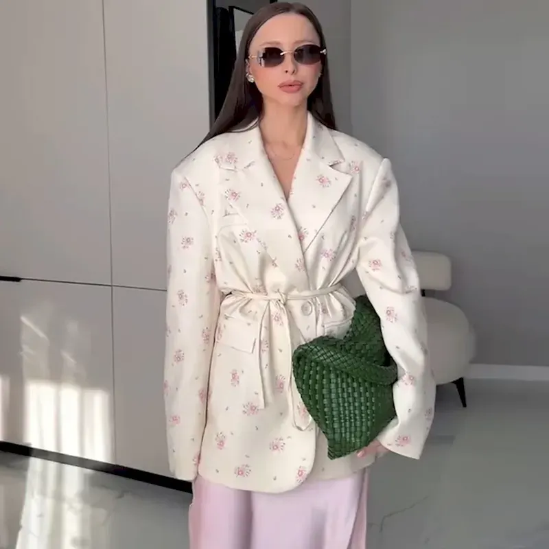 Women's Blazer Comfortable Print Elegant Vintage Fashion Daily Floral Vacation Party Birthday Casual Single Breasted Regular Notch Lapel Loose Fit Long Sleeve Outerwear White Apricot Summer Spring - Image 3
