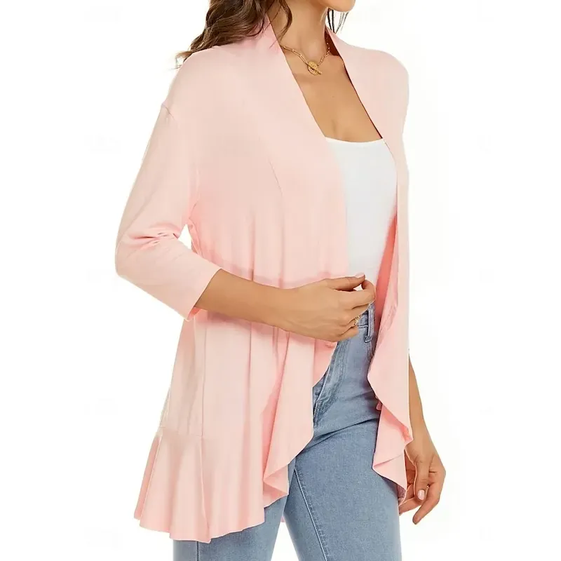 Women's Casual Jacket Breathable Comfortable Ruffle Casual Plain Vacation Street Casual Daily Wear Open Front Regular Collarless Regular Fit Long Sleeve Outerwear White Pink Navy Blue Summer Spring - Image 3