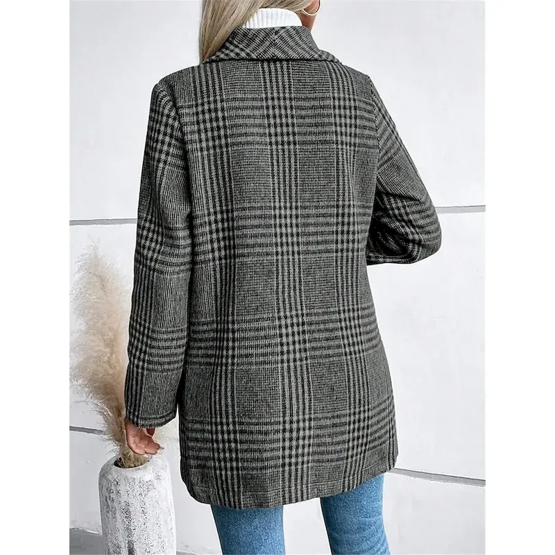 Women's Casual Jacket Outdoor Street Daily Wear Fall Winter Regular Coat Regular Fit Thermal Warm Breathable Stylish Casual Jacket Long Sleeve Stripes and Plaid with Pockets Print Red Camel Gray - Image 5