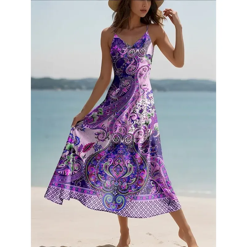 Women's Maxi Dress Casual Dress A Line Dress Vacation Vintage Ethnic Daily Regular Fit Graphic Vintage Bohemian Sleeveless V Neck Pink Blue Purple Green Summer Spring Fall - Image 4
