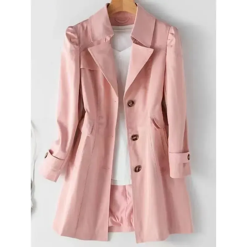 Women's Trench Coat Comfortable Breathable Zipper Pocket Casual Plain Vacation Street Casual Daily Wear Single Breasted Long Notch Lapel Regular Fit Long Sleeve Outerwear Black Pink Khaki Spring Fall - Image 3