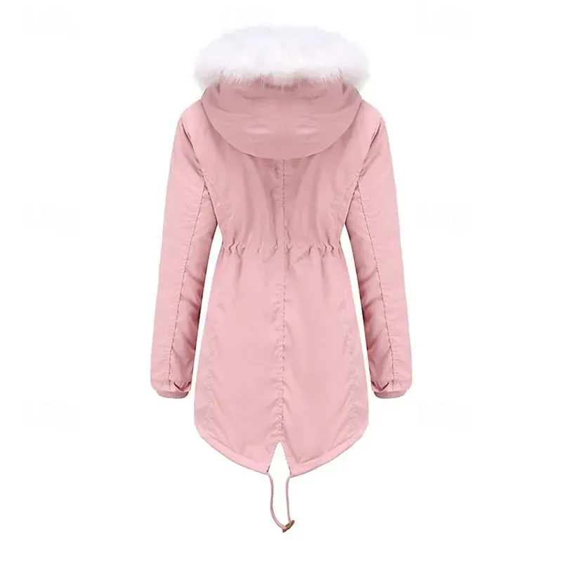 Women's Winter Coat Parka Warm Comfortable Zipper Pocket With Belt Casual Plain Vacation Street Casual Daily Wear Long Hooded Regular Fit Long Sleeve Outerwear Navy Black Pink Fall Winter - Image 5