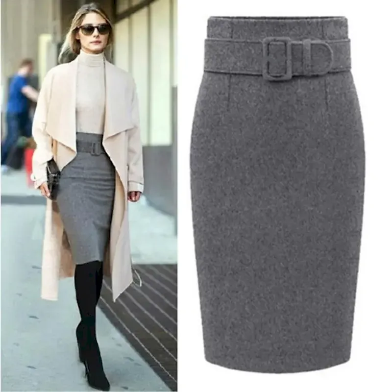 Women's Skirt Pencil Work Skirts Fashion Above Knee Skirts Solid Colored Office / Career Daily Gary Black Wine Fall & Winter Tweed Woolen - Image 2