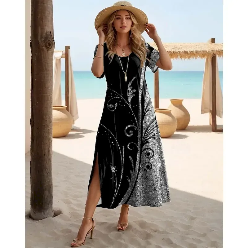Women's Maxi Dress Casual Dress T Shirt Dress Tee Dress Sundress Hawaiian Date Regular Fit Floral Short Sleeve Crew Neck Black White Purple Orange Summer - Image 6