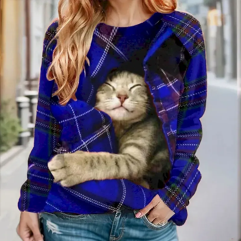 Women's Pullover Sweatshirt Plaid Cat Casual Sportswear Festival Round Neck Long Sleeve Top Micro-elastic Fall & Winter - Image 4