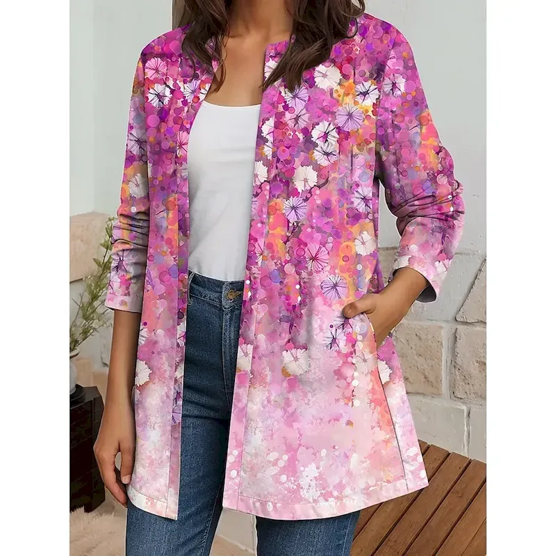 Women's Blazer Work Casual Fall Winter Regular Coat Regular Fit Breathable Elegant Artistic Style Boho Vintage Jacket Long Sleeve Floral Print Open Front Blue Purple Green - Image 3