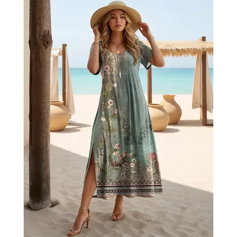 Women's Maxi Dress Casual Dress T Shirt Dress Tee Dress Sundress Hawaiian Date Regular Fit Floral Short Sleeve Crew Neck Black White Purple Orange Summer - Image 5