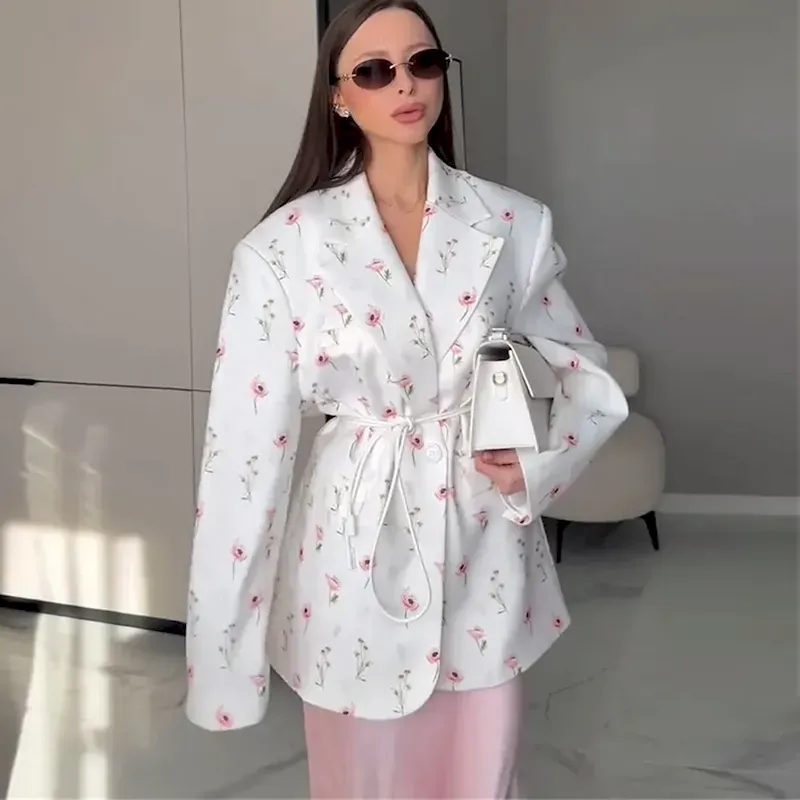 Women's Blazer Comfortable Print Elegant Vintage Fashion Daily Floral Vacation Party Birthday Casual Single Breasted Regular Notch Lapel Loose Fit Long Sleeve Outerwear White Apricot Summer Spring - Image 2