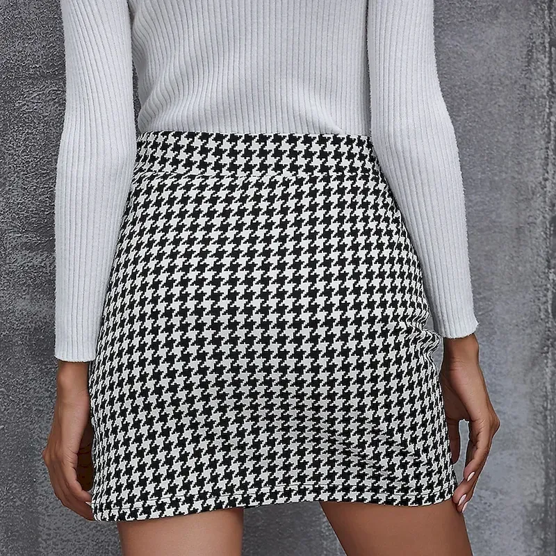Women's Skirt Bodycon Mini High Waist Skirts Print Houndstooth Street Daily Spring & Summer Elegant Fashion Casual Black - Image 3