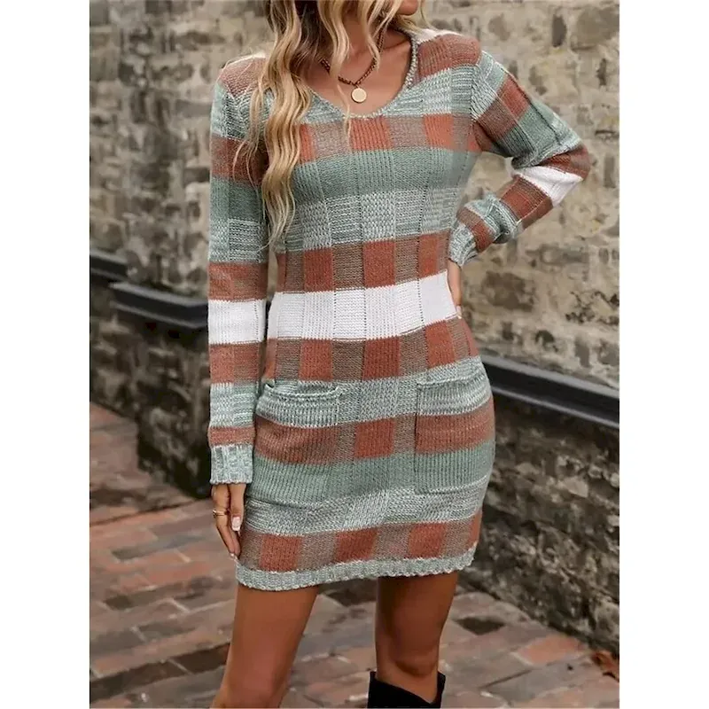 Women's Plaid V Neck Maxi Dress Long Sleeve Spring Fall - Image 5