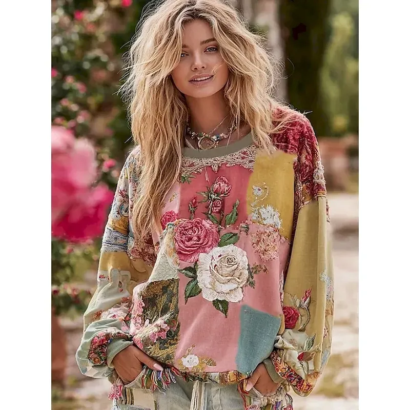 Women's 3D Print Vintage Boho Hoodie Patchwork Hoodie Sweatshirt Floral Pullover Sweatshirt Warm Active Vintage Street Dailywear Casual Light Pink Yellow Light Green Pink Red Spring Fall Winter - Image 5