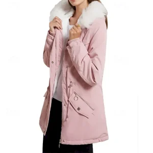 Women's Winter Coat Parka Warm Comfortable Zipper Pocket With Belt Casual Plain Vacation Street Casual Daily Wear Long Hooded Regular Fit Long Sleeve Outerwear Navy Black Pink Fall Winter
