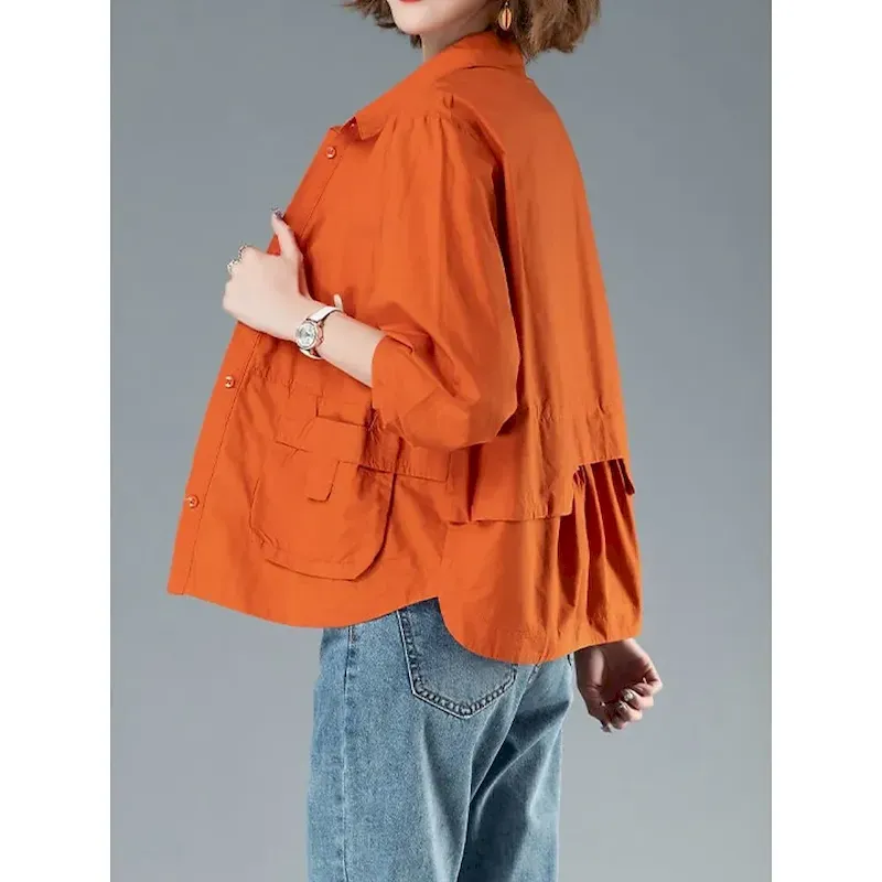 Women's Casual Jacket Comfortable Breathable Pocket Buttons Casual Plain Vacation Street Casual Daily Wear Single Breasted Short Turndown Regular Fit Long Sleeve Outerwear Black Orange Brown Summer - Image 6