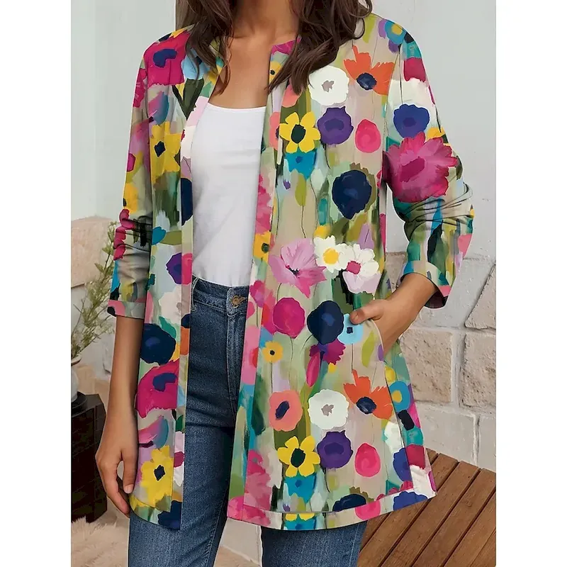 Women's Blazer Work Casual Fall Winter Regular Coat Regular Fit Breathable Elegant Artistic Style Boho Vintage Jacket Long Sleeve Floral Print Open Front Blue Purple Green
