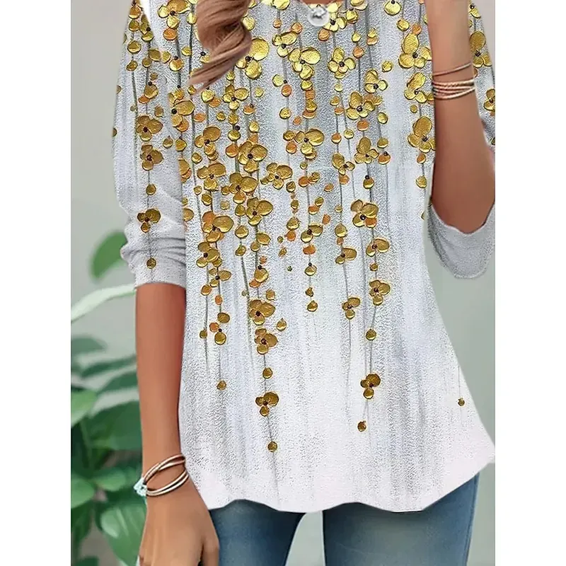 Women's T shirt Long Sleeve Crew Neck Long Sleeve Tunic Ombre Floral Elegant Vintage Regular Tops Daily Going out Weekend Print Gold Prefall - Image 3