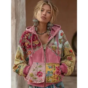 Women's 3D Print Vintage Boho Hoodie Patchwork Hoodie Sweatshirt Floral Zip Up s  Vintage Fashion Casual Long Sleeve Hooded  Street Dailywear Casual Patchwork Zipper Pocket Red Blue Spring Fall